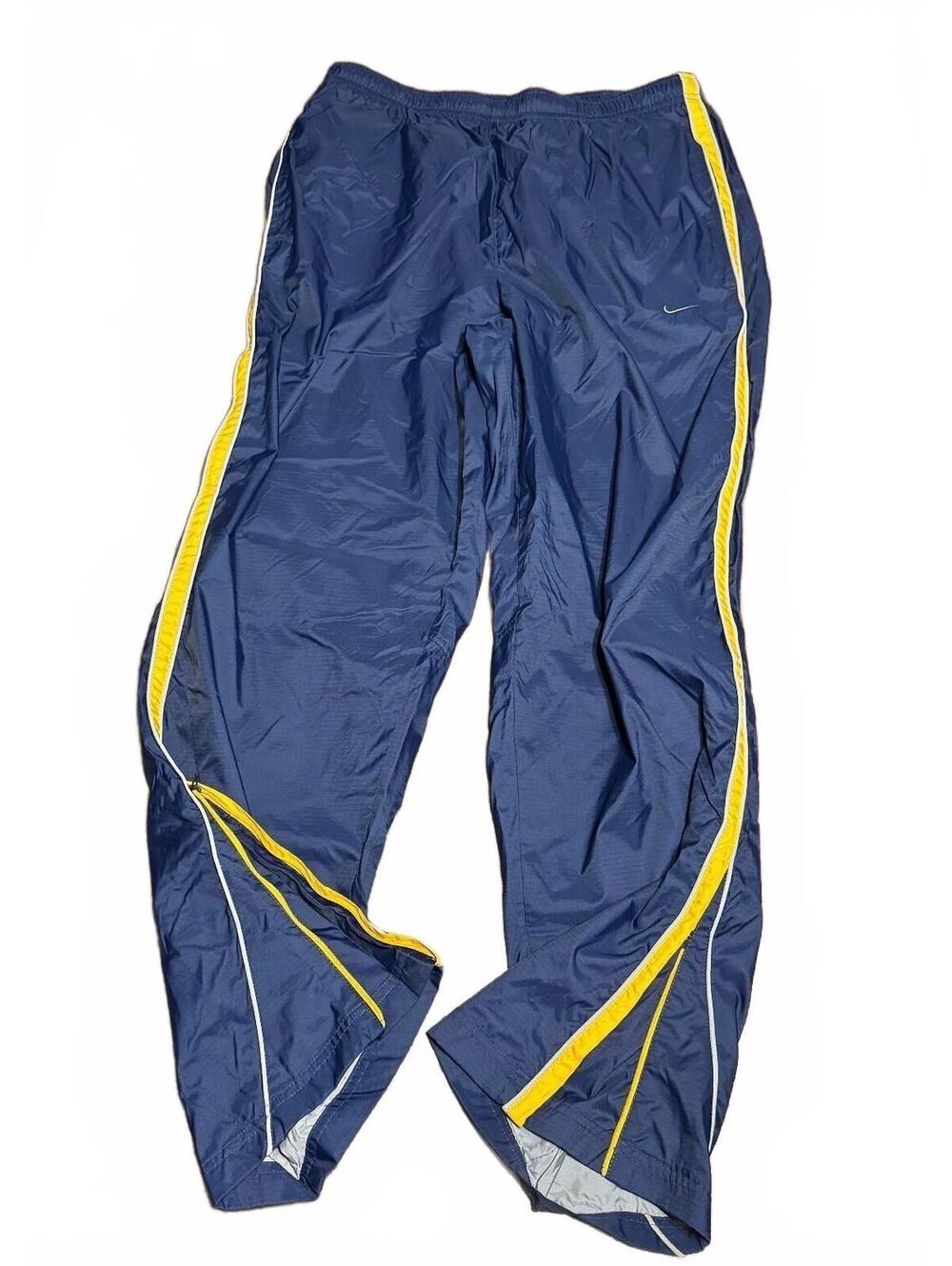 Nike Mens Track Pants L Vintage Y2K Navy Blue Yellow Side Stripe Zip Ankle Lined
